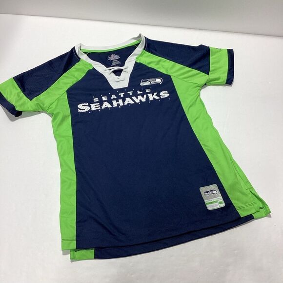 Seahawks Shirt Women's M Majestic Fan Fashion Front Laced Neckline Short Sleeve - Picture 6 of 13